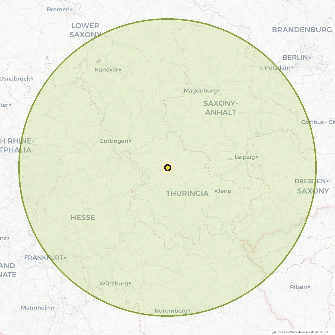 Karte: Einsatzgebiet ca. 200 km Umkreis um Großenehrich in Mitteldeutschland – u. a. Erfurt, Leipzig, Halle, Kassel, Göttingen, Magdeburg, Hannover.